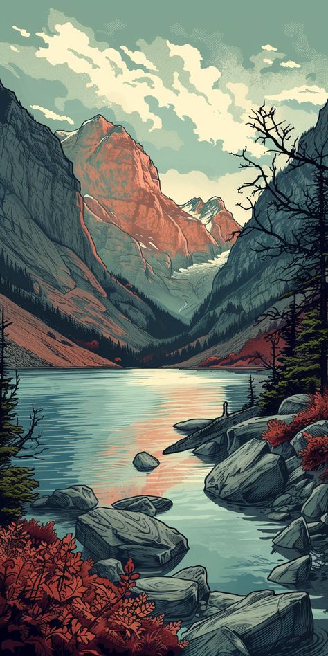 "Transport yourself to the serenity of nature with this vintage-style drawing of a breathtaking mountain lake. Follow us for more stunning inspiration and stay safe!" Mountain Digital Painting, Mountain Aesthetic Drawing, Mountain Mood Board, Lake Wallpaper Iphone, Climbing Art, Lake Reflection, Mountain Aesthetic, Cute Summer Wallpapers, 1080p Anime Wallpaper