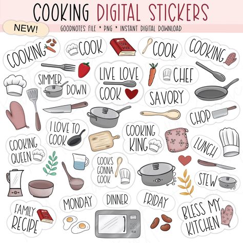 COOKING Digital Stickers for Goodnotes, Kitch Microsoft Apps, Cooking Clipart, Digital Stickers For Goodnotes, Cooking Theme, Stickers Food, Stickers Kitchen, Apps Like Goodnotes, Planner Apps, Stickers For Goodnotes