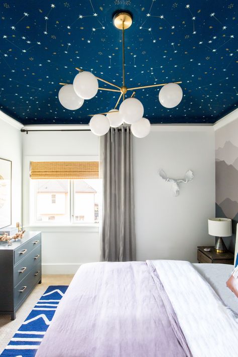 Andrea West Design, this bedroom is beautiful! Outer Space Bedroom Decor, Outer Space Bedroom, Solar System Wallpaper, System Wallpaper, Blue Ceiling, Space Themed Bedroom, Blue Ceilings, Wallpaper Ceiling, Space Room