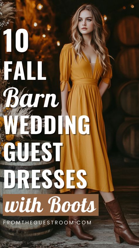 a woman wears a fall barn wedding guest dress with boots Country Chic Wedding Bridesmaid Dresses, Montana Wedding Guest Dress, Dress And Boots Wedding Guest, Cowgirl Outfits For Wedding Guest, Wedding Guest Dress Barn Wedding, Wyoming Wedding Guest Attire, Fall Wedding Guest Attire For Women, Fall Backyard Wedding Guest Outfit, Country Wedding Guest Dresses With Boots