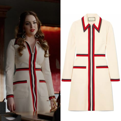 Fallon Carrington wears this red grosgrain-trimmed Cream stretch-crepe Gucci dress on Dynasty 2x09 Dynasty Closet, Gucci Outfit, Dynasty Outfits, Fallon Carrington, Dynasty Clothing, Gucci Dress, Tv Show Outfits, Gucci Outfits, Fashion Tv