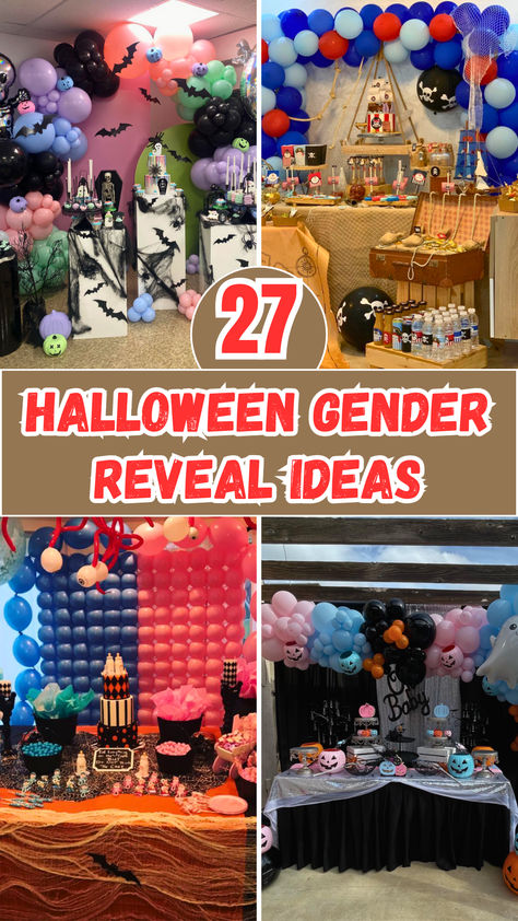 Looking for creative ways to reveal your baby's gender this Halloween? Check out these 27 spooky and fun ideas for the perfect Halloween-themed gender reveal! From bubbling cauldrons to haunted surprises, there's something for every parent-to-be. Perfect for adding a spooky twist to your celebration! Gender Reveal Halloween Costume, Fun Gender Reveal Ideas Creative, Home Gender Reveal Ideas, Surprise Gender Reveal Ideas, Halloween Gender Reveal Decorations, Gender Reveal Ideas For Kids, Halloween Gender Reveal Ideas, Twin Gender Reveal, Halloween Gender Reveal