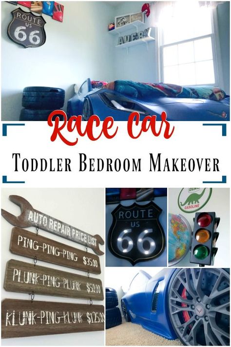 Toddler Bedroom Makeover: The Ultimate Race Car Themed Room Toddler Bedroom Makeover, Race Car Bedroom, Cars Bedroom Decor, Car Themed Rooms, Kids Bedroom Makeover, Car Themed Bedrooms, Race Car Bed, Toddler Bedroom, Big Kids Room