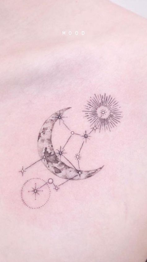 Subtle crescent moon tattoo designed with Virgo zodiac constellation, blending celestial charm with astrology for Virgo women. Virgo Tattoo Ideas For Women, Virgo Tattoo Ideas, Virgo Tattoo, Delicate Tattoo, Zodiac Tattoos, Tattoo Ideas For Women, Constellation Tattoos, Feminine Tattoos, Virgo Zodiac