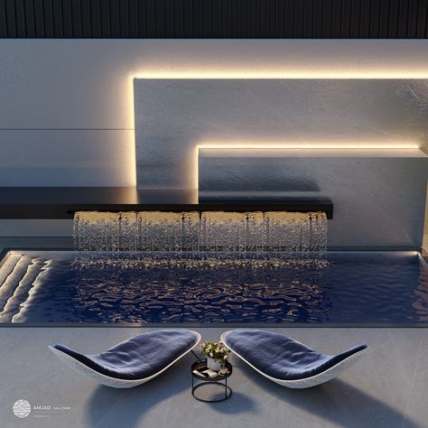 Design Swimming Pool Out Door on Behance Modern Water Feature, Deck Piscina, Water Fountain Design, Balkon Decor, Water Feature Wall, Swimming Pool Landscaping, Pool Water Features, Rooftop Terrace Design, Rooftop Design