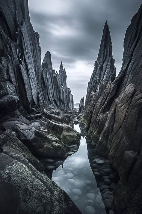 A rocky coastline with jagged cliffs extends into a calm, blue-green sea under a blue-gray, cloudy sky, ai generative stock photo Cloudy Sky Illustration, Rocky Island, Rocky Coastline, Environment Sketch, Sky Illustration, Sea Cliff, Stormy Sea, Sidewalk Chalk, Cloudy Sky