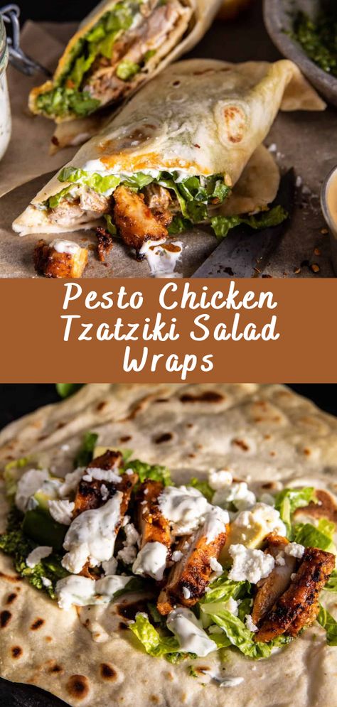 Pesto Chicken Tzatziki Salad Wraps: A Flavorful Fusion Imagine a burst of Mediterranean flavors and a hint of Italian zest wrapped up in one delicious meal – that’s exactly what you get with Pesto Chicken Tzatziki Salad Wraps. These wraps are a delightful fusion of succulent pesto-marinated chicken, creamy tzatziki sauce, and a refreshing Mediterranean […] The post Pesto Chicken Tzatzik... Pesto Chicken Tzatziki Salad Wraps, Pesto Wraps Recipes, Mediterranean Wrap Recipes, Pesto Chicken Wrap, Mediterranean Wraps, Tzatziki Salad, Hummus Wrap Recipe, Mediterranean Wrap, Chicken Tzatziki