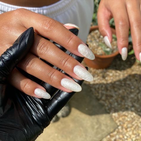 @gelcare.official freshwater pearl in all her glory 🐚🤍 #nails #nailsnailsnails #longnails #almondnails #gelnails #whitenails #nailart #naildesign #nailideas #nailinspo #prettynails #cutenails #summernails #weddingnails Oyster Pearl Nails, Ivory Pearl Nails, Almond White Pearl Nails, White Pearlized Nails, White Pearl Chrome Almond Nails, Pearl She’ll Nails, Lily Nails, Oyster Pearl, Pearl Nails