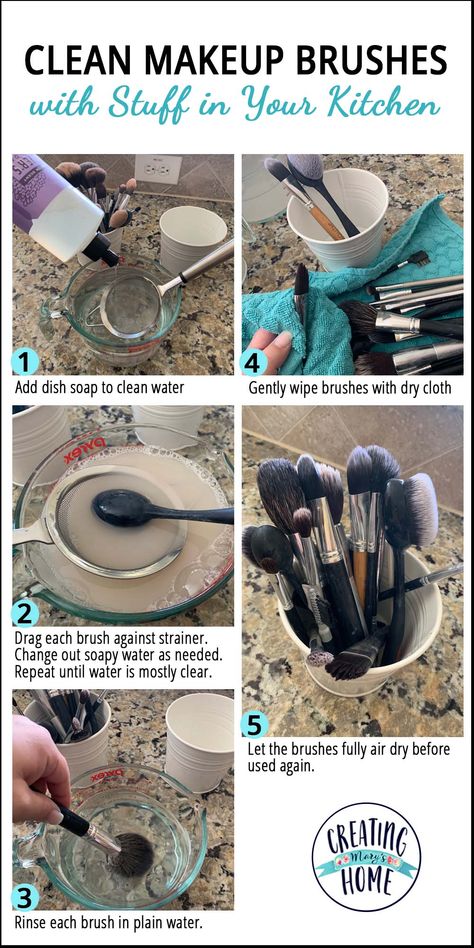 Clean Makeup Brushes with Stuff in Your Kitchen - creatingmaryshome.com Clean Makeup Brushes, Brush Guide, Makeup Brushes Guide, Makeup Tip, Disney Makeup, Makeup Brush Cleaner, How To Clean Makeup Brushes, Makeup Hacks, Foundation Makeup