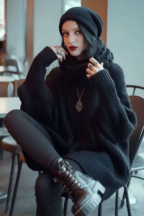 Gothic Cardigan Outfit, Classy Witchy Outfits, Holiday Goth Outfits, Alternative Style Over 40, Modern Alt Fashion, Elegant Alternative Style, Goth Christmas Outfit Winter, Winter Witch Aesthetic Fashion, Modern Goth Outfits Simple