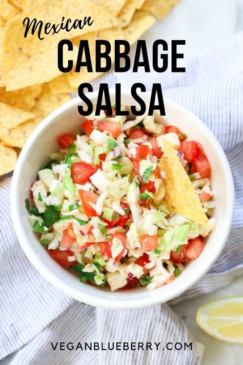 This restaurant style Cabbage salsa (aka cabbage pico de gallo) is an easy and delicious way to top your tacos, dress up your chips game, or add a nice addition to any Mexican meal! This authentic recipe is only lightly spicy, but you can amp it up with more chiles if you like! Dressed with lemon or lime juice. #salsa Mexican Cabbage Salsa, Mexican Cabbage, Mexican Coleslaw, Cabbage Salsa, Salsa Guacamole, Mexican Appetizers, Vegan Blueberry, Vegan Appetizers, Cabbage Recipes