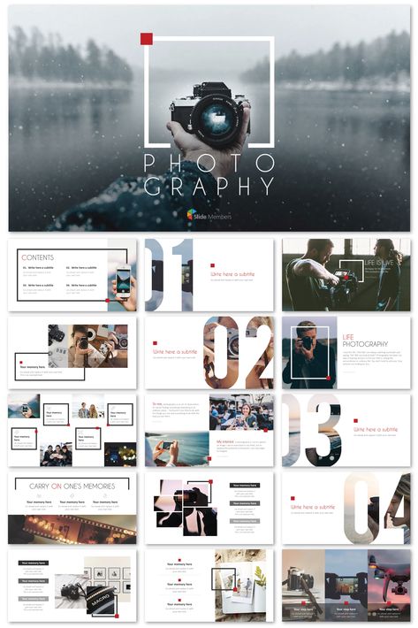 This creative photography template is a good for portfolio, company branding, and advertising purposes. Ad Campaign Presentation Design, Powerpoint Design Photography, Photography Ppt Template, Photography Advertising Ideas Templates, Modern Keynote Design, Portfolio Ppt Design, Photography Template Design, Company Portfolio Design Layout, Photography Presentation Ideas