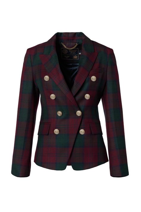 Holland Cooper | Knightsbridge Mulberry Tartan Blazer | Autumn • Winter Fashion Holland Cooper Blazer, Tartan Blazer, Closet Planning, Holland Cooper, Country Walk, Straight Trousers, Double Breasted Blazer, Tailored Jacket, Rivets