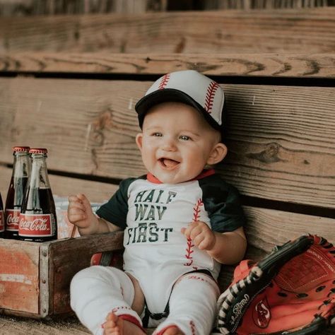 Five Month Milestone Picture, Baseball Half Birthday Pictures, Halfway To First Baseball Photoshoot, Halfway To First Photoshoot, Halfway To First Baseball Birthday, Half Way To One Photoshoot Ideas For Boys, Baby Boy Half Birthday Photoshoot, Baseball Photoshoot Ideas Kids, Half Way To First Baseball Pictures