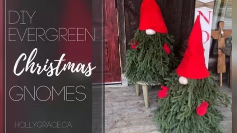 Learn how to make these adorable porch gnomes with evergreens and a tomato cage. Love her technique for the nose - so simple! #christmasgnome #christmasdecor Easy Diy Candy, Evergreen Christmas, Plaid Christmas Tree Skirt, Faux Christmas Trees, Buffalo Plaid Christmas Tree, Winter Candle, Christmas Gnomes, Easy Christmas Diy, Christmas Porch