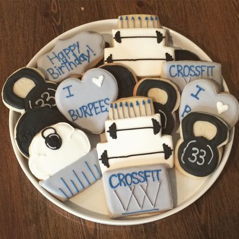 Crossfit Sugar Cookies | Milk & Honey Cakery Crossfit Cookies, Fitness Cookies, Diy Dessert Table, Crossfit Baby, Fitness Cake, Gym Cake, Happy Birthday Cookie, Sugar Cookie Cakes, Sugar Cookie Frosting