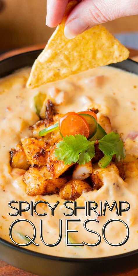 Spicy Shrimp Dip Recipes, Spicy Crab Queso, Mexican Shrimp Dip, Shrimp Guacamole Appetizer, Mexican Shrimp Appetizers, Shrimp Queso Dip Recipe, Seafood Queso Dip, Shrimp Queso Dip, Shrimp Rotel Dip Recipe