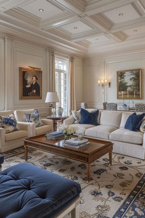 Modern Classic Living Room Apartment, Classic Blue Interior Design, Blue Classic Living Room, New Classic Interior Design Luxury, Light Blue Sitting Room, Navy Cream Living Room, French Classic Interior Design, Aerin Lauder Home, Hamptons Home Interior