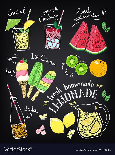 Ice Cream Sketch, Summer Chalkboard Art, Summer Chalkboard, Drink Vector, Juice Bar Design, Hand Drawn Stickers, Drawn Stickers, Homemade Soda, Beach Restaurant