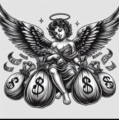 Money Chest Tattoo, Angel Holding Money Bag Tattoo, Money Tattoo Ideas For Men, Angel With Money Bag Tattoo, Money Bag Tattoo Design, Money Bag Tattoo, Crazy Tattoos, Power Tattoo, Chicano Style