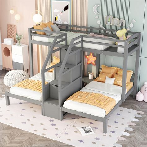 Bunk Beds For 3, Drawer For Kids, Staircase Drawers, Triple Bedroom, Bunk Bed With Stairs, Bunk Bed For Kids, 3 Bunk Beds, Bed With Stairs, Triple Bed