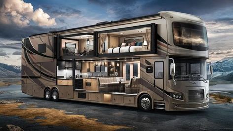 For those embracing RV living and seeking the best RV for full-time living, luxurious motorhomes are the pinnacle of opulence on wheels. The most luxurious RVs redefine motorhome living, offering features that will blow your mind. Whether you're exploring motorhomes for sale or searching for the best travel trailer for full-time RV living, these vehicles offer unmatched comfort and style. From living vehicles to the most luxurious camper vans, these motorhomes boast state-of-the-art amenities, spacious interiors, and high-end finishes, making RV living full-time a dream come true. Travel trailers for full-time living and luxurious motor homes cater to those who wish to live big in a tiny house, with options available for any taste and need. If you're ready to transition to RV living full t Motor Homes For Sale, Luxury Mobile Homes, Motorhome Living, Luxury Rv Living, Best Travel Trailers, Grand Design Rv, Cool Rvs, Luxury Campers, Motorhome Interior