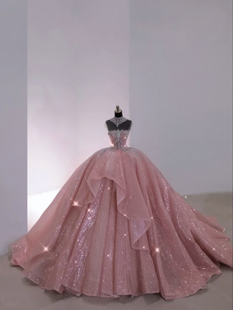 Pink Sparkly Ball Gown, Pink Ball Gowns, Poofy Prom Dresses, Xv Dresses, Debut Dresses, Quinceanera Pink, Debut Gowns, Quinceanera Themes Dresses, Pink Quince