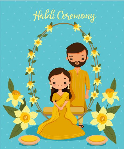 Cute indian couple in yellow traditional... | Premium Vector #Freepik #vector Traditional Dress For Haldi, Yellow Traditional Dress, Dress For Haldi, Cartoon Wedding Invitations, Caricature Wedding Invitations, Bride And Groom Cartoon, Wedding Couple Cartoon, Wedding Card Design Indian, Indian Wedding Invitation Card Design