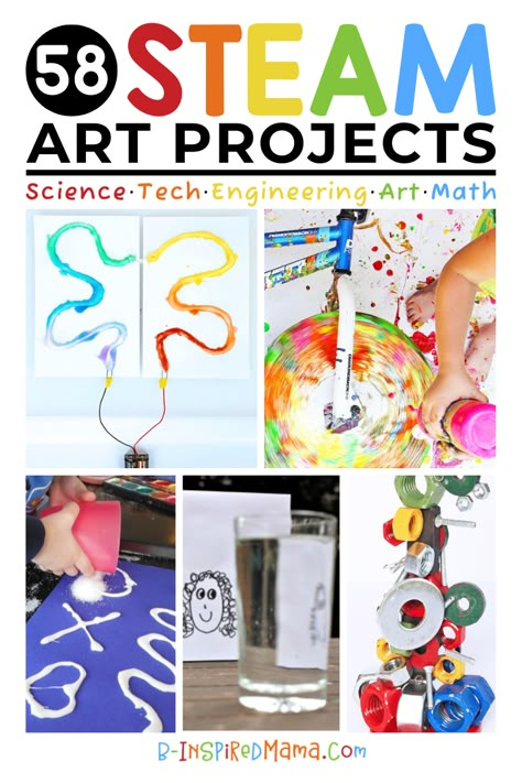 Choose from 58 fun STEAM art projects to get kids exploring their creativity while exploring science, technology, engineering, and math, too! #kids #STEAM #art #arteducation #STEM #learning #homeschool #science #math Stem Activities For Elementary Students, Steam Crafts Elementary, Stem Art Projects Elementary, Early Elementary Stem Activities, Steam Classroom Activities, Art Stem Activities For Kids, Elementary Enrichment Activities, Steam Projects High School, Steam Projects For Kindergarten