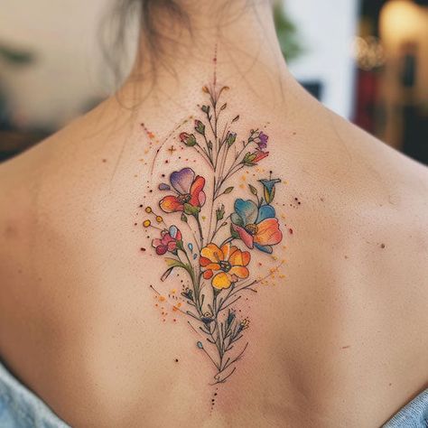 Vibrant Wildflower Tattoo Master Files Flower Colored Tattoo, Wildflower Back Tattoo, Quantum Tattoo, Poppy Flower Tattoos, Best Feminine Tattoos, Wildflower Tattoos, Wildflower Tattoo, Daisy Tattoo, Hip Tattoos Women