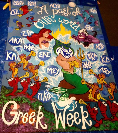 1st place Greek Week banner of 2014. We did Little Mermaid b/c it was disney themed Greek Week Banner, Big Little Banner Sorority, Beach Bid Day Banner, Tropical Sorority Banner, Sorority Bid Day Banner, Greek Week, Sorority Banner, Tri Delta, Big Little Reveal