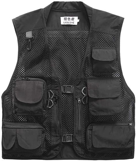 This is a more industrial/utility style of a pocketed vest and is a modernized look to the typical waistcoat or leather vest. Colors to stick to are blacks, browns, tans, and dark blues. Terms to search are "pocketed vest," "fishing vest," and "utility vest." Black Tactical Vest, Military Tactical Vest, Photography Vest, Fly Fishing Photography, Multi Pocket Vest, Mens Vest Fashion, Fishing Photography, Hunting Vest, Fishing Vest