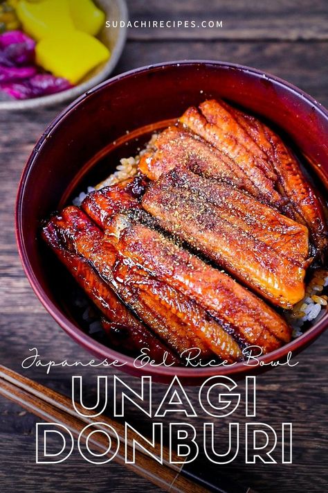 Grilled eel coated with a sweet and glossy homemade unagi sauce served over rice and sprinkled with sansho pepper Eel Sauce Recipe, Unagi Don, Eel Recipes, Grilled Eel, Eel Sushi, Unagi Sauce, Sushi Recipes Homemade, Rice Bowls Recipes, Tasty Meat