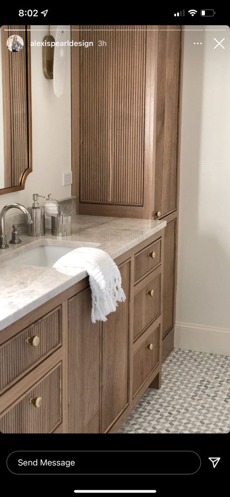 Vanity With Tall Cabinet, Natural Wood Bathroom Vanity With Linen Cabinet, Storage Cabinet In Bathroom, Double Vanity With Middle Tower, Bathroom Custom Vanity, Natural Bathroom Cabinets, Medium Wood Bathroom Vanity, Fluted Cabinets Bathroom, Bathroom Vanity Built In Storage