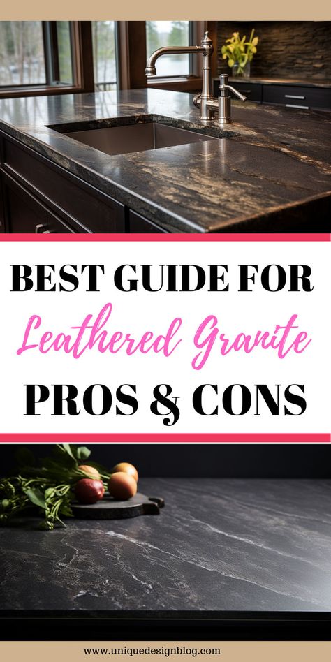 This super informative guide on leathered granite – it's a total eye-opener! 🤓 Pros & cons, maintenence and designs. Perfect for anyone planning to give their home a classy, yet practical upgrade. Definitely worth a read if you're into home design. You're going to love the elegance it brings! Beautiful Granite Kitchen Countertops, Black Leathered Granite Kitchen, Beautiful Granite Countertops, Nero Orion Honed Granite, Honed Granite Countertops Black, Leather Granite Countertops Kitchen, Black Pearl Countertops, Tile Countertops Bathroom, Dated Granite Countertops