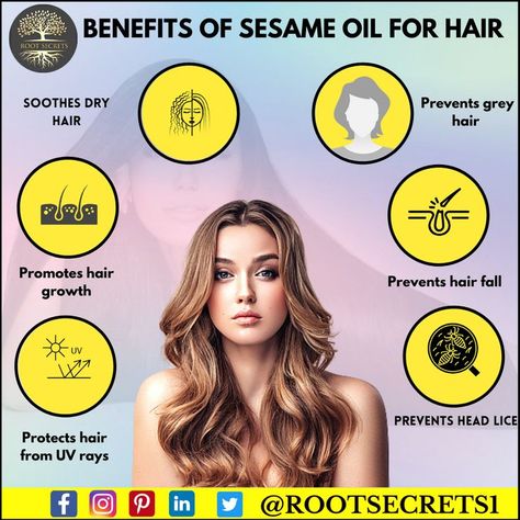 BENEFITS OF SESAME OIL FOR HAIR Sesame Oil For Hair, Sesame Oil Benefits, Benefits Of Sesame Oil, Prevent Grey Hair, Health Coconut Oil, Prevent Hair Fall, Oil For Hair, Hair Control, Healthy Oils