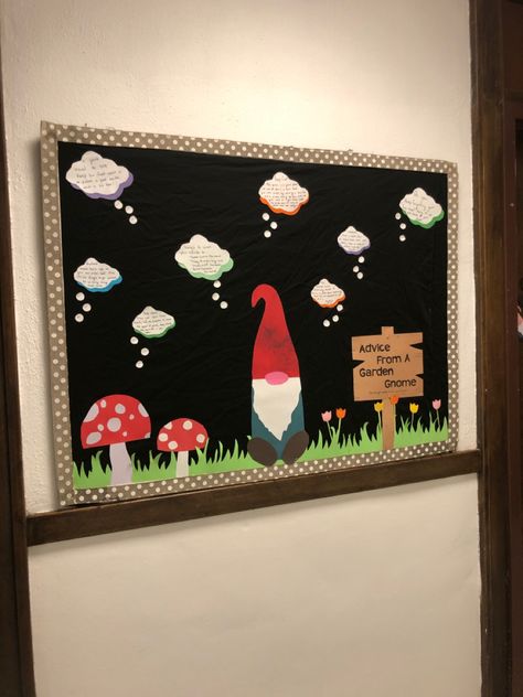 My first bulletin board of the year! #bulletinboard #ra #gnomes #rabulletinboards #residencelife Mushroom Themed Bulletin Board, Irish Bulletin Board Ideas, Spring Bulletin Boards High School, Ra Birthday Board, Garden Bulletin Board Ideas, Spring Ra Bulletin Boards, Mushroom Bulletin Board, Gnome Bulletin Board Ideas, Gnome Classroom Theme