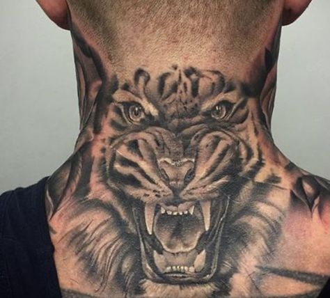 Tiger Tattoo Back, Tiger Tattoos For Men, Back Of Neck Tattoo Men, Mens Tiger Tattoo, Nape Tattoo, Tiger Tattoo Sleeve, Tiger Tattoos, Best Neck Tattoos, Tattoo Son