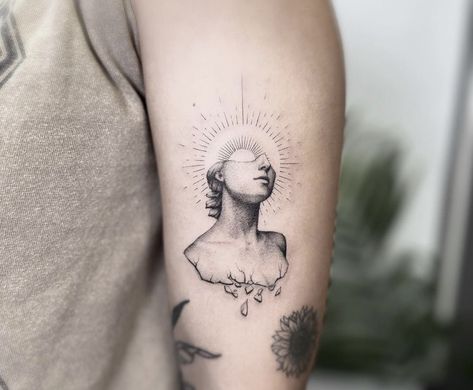 Marble Bust Tattoo, Greek Goddess Statue Tattoo, Woman Rising Tattoo, Meta Tattoos, Greek Bust Tattoo, Tattoos For Artists, Hadestown Tattoo, Greek Style Tattoos, Art Tattoos For Women