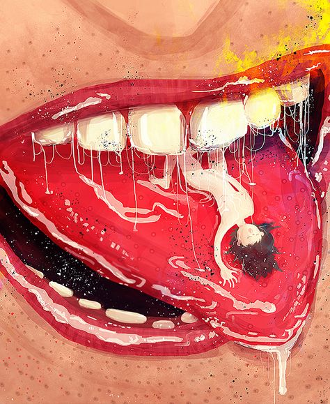 Alfonso Zomb Mouth Artwork, Mouth Oil Painting, Biting Lip Painting, Eyes Artwork Trippy, Trippy Lips Painting, Art