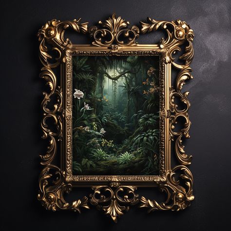 Wild magical forest with orchids, woodland moody wall print, dark academia decor, vintage poster, aesthetic gothic goblincore painting  #581H-519 ♥Your files will be available to download here: http://www.etsy.com/your/purchases as soon as you complete your purchase. ♥Welcome to my Instant download shop! http://www.desprto.etsy.com ♥WHAT YOU GET: 4 JPG File high quality sizes are resolution 300 DPI  You can print print prints for more than 20 frame sizes: 4x5 ratio for printing - 4"x5", 8"x10", Dark Moss Green Paint, Goblincore Painting, Vintage Dark Aesthetic, Gothic Goblincore, Vintage Poster Aesthetic, Goblincore Art, Dark Academia Prints, Moody Decor, Academia Decor