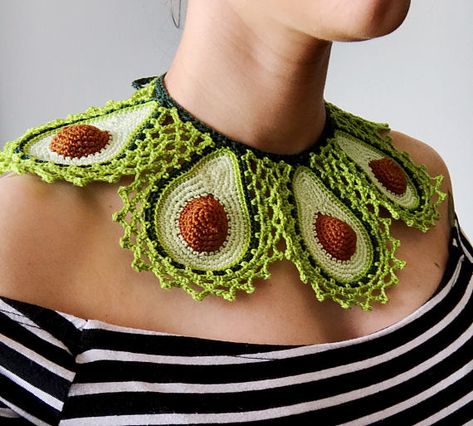 Happy Avocado Day! The Best Avocado-Themed Patterns For Knitters and Crocheters | KnitHacker Collar Crochet Pattern, Crochet Avocado, Crochet Hack, Crochet Collar, Crochet Shirt, Basic Crochet Stitches, Collar Pattern, Crochet Inspo, Unique Crochet