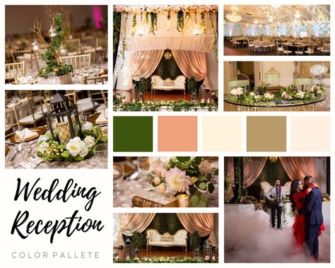 An Indian wedding color palette & style board, the perfect decor for an indoor ballroom wedding reception Indian Wedding Colors Palette, Wedding Reception Mood Board, Hindu Wedding Color Schemes, Indian Wedding Color Palette, Indian Wedding Color Schemes, Martini Wedding, Color Palette Style, Ballroom Wedding Reception, Indian Reception