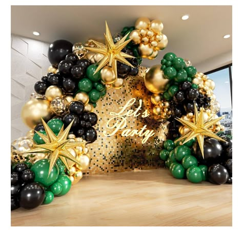 Black Balloon Arch, Forest Dark Green, Gold Birthday Party Decorations, Birthday Football, Balloons For Birthday, Forest Dark, Emerald Forest, Black Balloon, New Year's Party Decorations