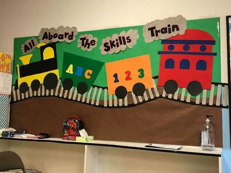 Train Transportation Preschool Theme Bulletin Boards, Train Classroom Decorations, Transportation Bulletin Board Preschool, Train Bulletin Board Ideas, Train Theme Classroom, Train Bulletin Boards, Trains Preschool, Transportation Theme Preschool, Halloween Train