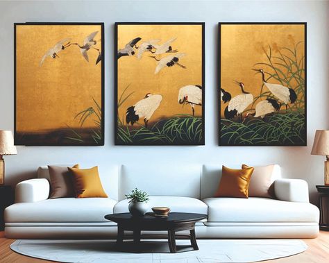 Suzuki Kiitsu - Reeds and Cranes Japanese Wall Art Triptych Set Poster Canvas Art Triptych, Japanese Wall Decor, Empty Heart, Triptych Art, Japan Wall Art, Wall Art Uk, Japanese Wall Art, Wall Canvas Painting, Japanese Wall