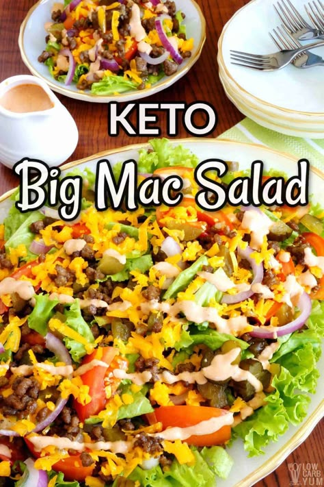 Try this cheeseburger salad when you're in the mood for one of the famous fast food burgers. It's easy to assemble this low carb hamburger salad at home. Keto Big Mac Salad, Hamburger Salad, Cheeseburger Salad Recipe, Keto Big Mac, Mac Salad Recipe, Cheeseburger Salad, Keto Cheeseburger, Low Carb Potatoes, Mac Sauce