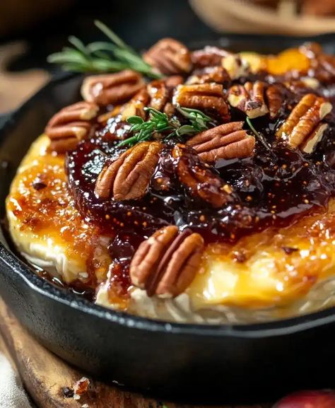 Baked Brie with Fig Jam and Pecans Baked Brie With Fig Jam, Brie With Fig Jam, Brie Cheese Recipes, Pecan Baked Brie, Brie Puff Pastry, Thanksgiving Brunch, Pie Bar Recipes, Roasted Apples, Thanksgiving Desserts Easy