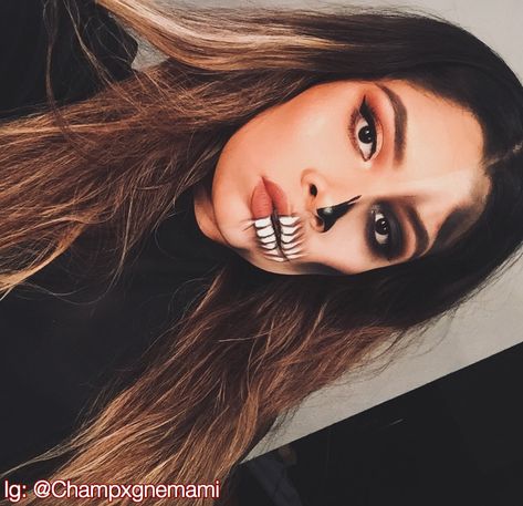 Halloween Makeup Looks Half Face, Half Skeleton Makeup Easy, Half Makeup Face Halloween, Halloween Half Face Makeup, Simple Catrina Makeup Ideas Half Face, Half Skull Makeup Halloween, Halloween Makeup Half Face, Simple Skeleton Makeup Half Face, Light Skull Makeup