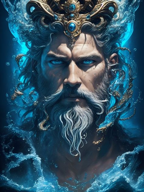 Male Medusa, Poseidon And Zeus, Poseidon Drawing, Poseidon Art, Medusa Painting, Zeus God, Atlas Tattoo, Poseidon Tattoo, Fantasy Queen